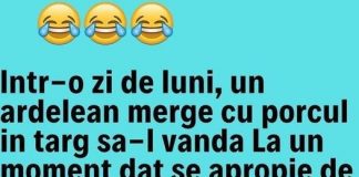 Intr-o zi de luni, un ardelean merge cu porcul in targ
