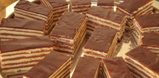 Prăjitura DOBOȘ făcută în casă, cu crema fină și gustoasă de ciocolată